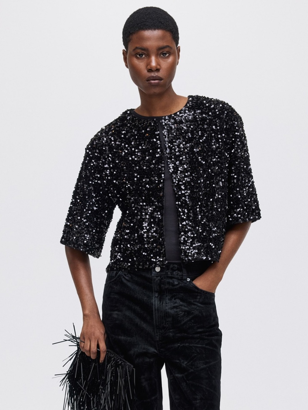 H&M Black Sequin Velour Short Sleeve Cropped Cardigan Size XL - Picture 4 of 8